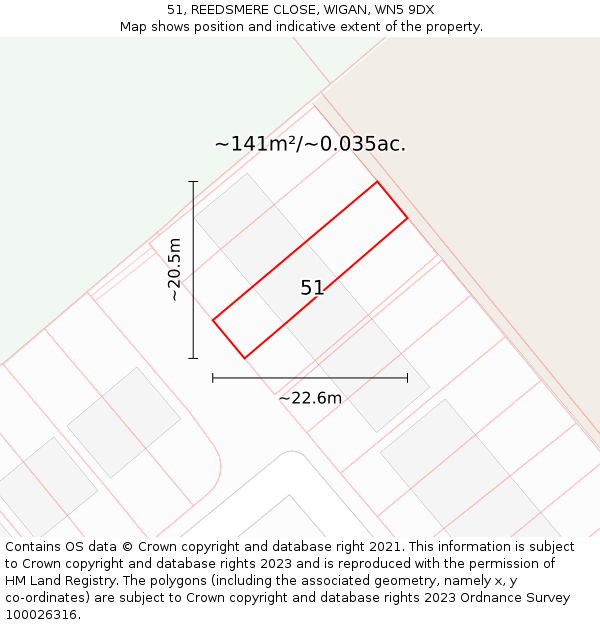 51, REEDSMERE CLOSE, WIGAN, WN5 9DX: Plot and title map