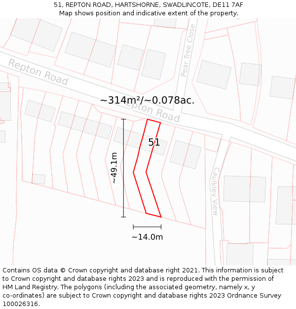 51, REPTON ROAD, HARTSHORNE, SWADLINCOTE, DE11 7AF: Plot and title map