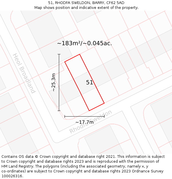 51, RHODFA SWELDON, BARRY, CF62 5AD: Plot and title map