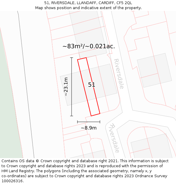 51, RIVERSDALE, LLANDAFF, CARDIFF, CF5 2QL: Plot and title map