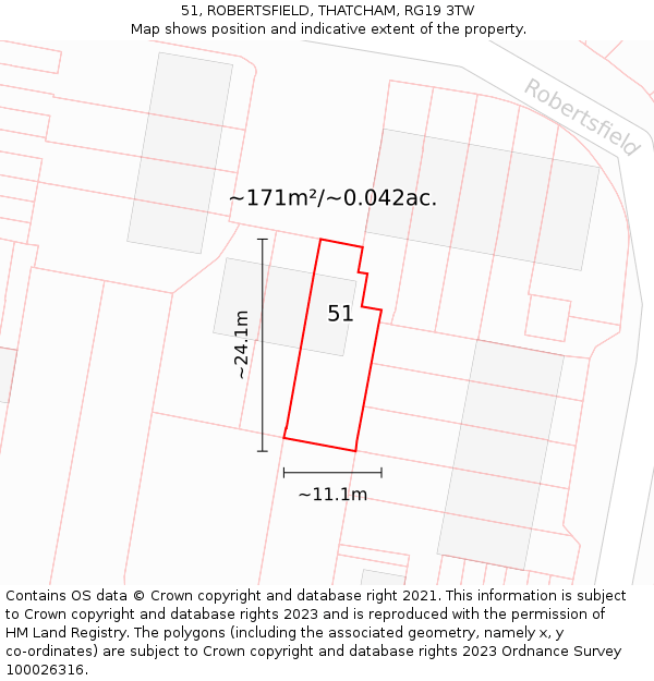 51, ROBERTSFIELD, THATCHAM, RG19 3TW: Plot and title map