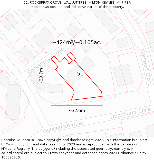 51, ROCKSPRAY GROVE, WALNUT TREE, MILTON KEYNES, MK7 7EA: Plot and title map
