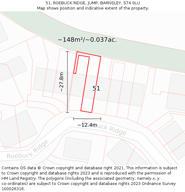 51, ROEBUCK RIDGE, JUMP, BARNSLEY, S74 0LU: Plot and title map