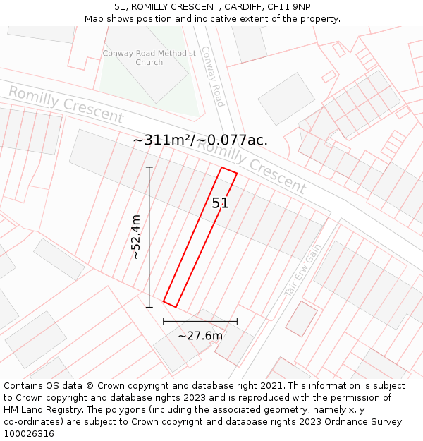 51, ROMILLY CRESCENT, CARDIFF, CF11 9NP: Plot and title map