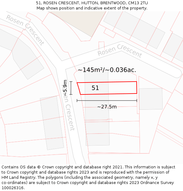 51, ROSEN CRESCENT, HUTTON, BRENTWOOD, CM13 2TU: Plot and title map