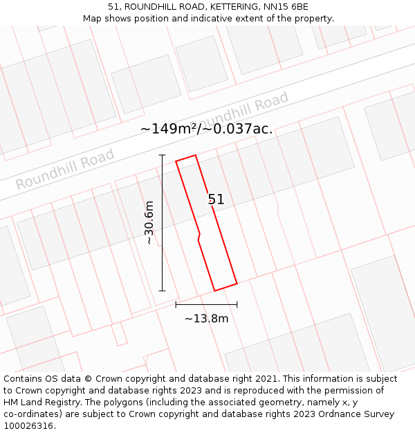 51, ROUNDHILL ROAD, KETTERING, NN15 6BE: Plot and title map
