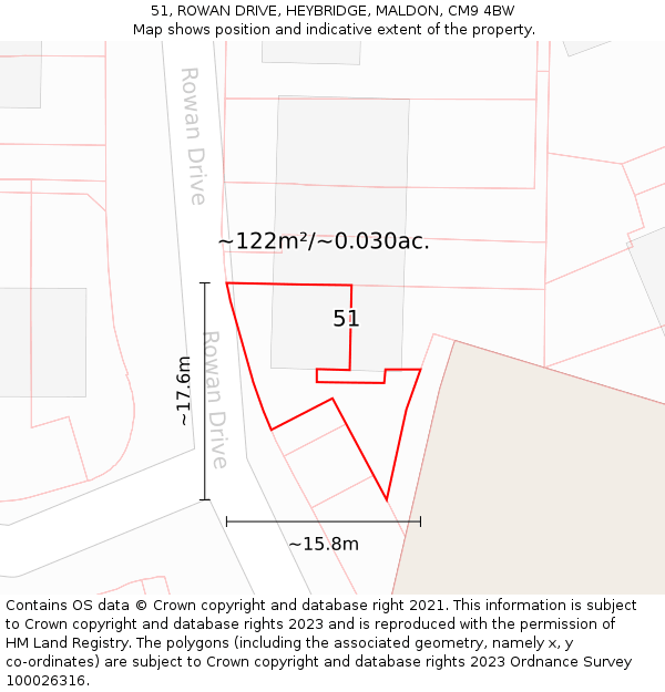 51, ROWAN DRIVE, HEYBRIDGE, MALDON, CM9 4BW: Plot and title map