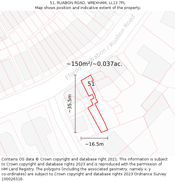 51, RUABON ROAD, WREXHAM, LL13 7PL: Plot and title map