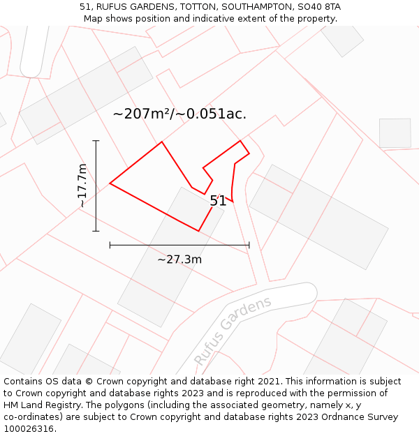 51, RUFUS GARDENS, TOTTON, SOUTHAMPTON, SO40 8TA: Plot and title map