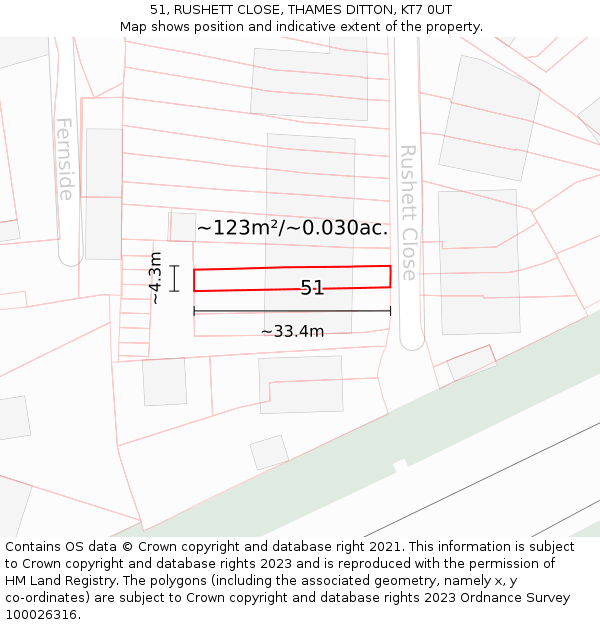 51, RUSHETT CLOSE, THAMES DITTON, KT7 0UT: Plot and title map