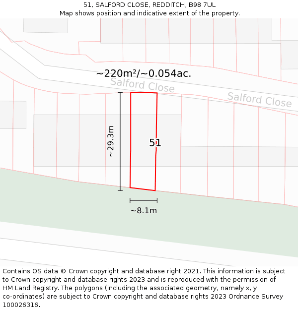 51, SALFORD CLOSE, REDDITCH, B98 7UL: Plot and title map