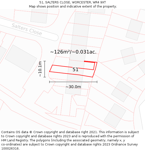 51, SALTERS CLOSE, WORCESTER, WR4 9XT: Plot and title map