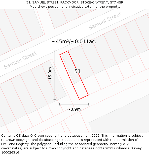 51, SAMUEL STREET, PACKMOOR, STOKE-ON-TRENT, ST7 4SR: Plot and title map