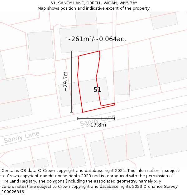 51, SANDY LANE, ORRELL, WIGAN, WN5 7AY: Plot and title map