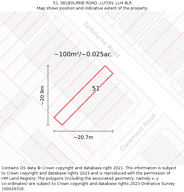 51, SELBOURNE ROAD, LUTON, LU4 8LR: Plot and title map