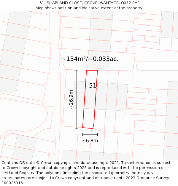 51, SHARLAND CLOSE, GROVE, WANTAGE, OX12 0AF: Plot and title map