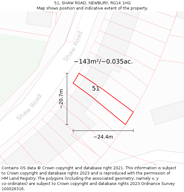 51, SHAW ROAD, NEWBURY, RG14 1HG: Plot and title map