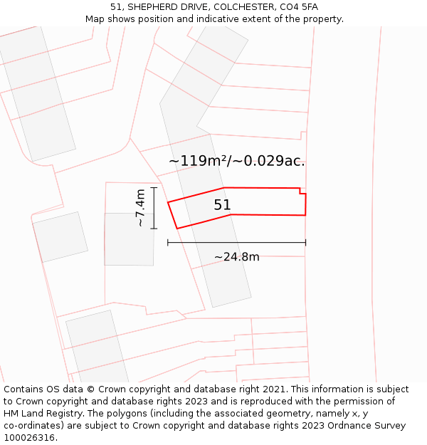51, SHEPHERD DRIVE, COLCHESTER, CO4 5FA: Plot and title map