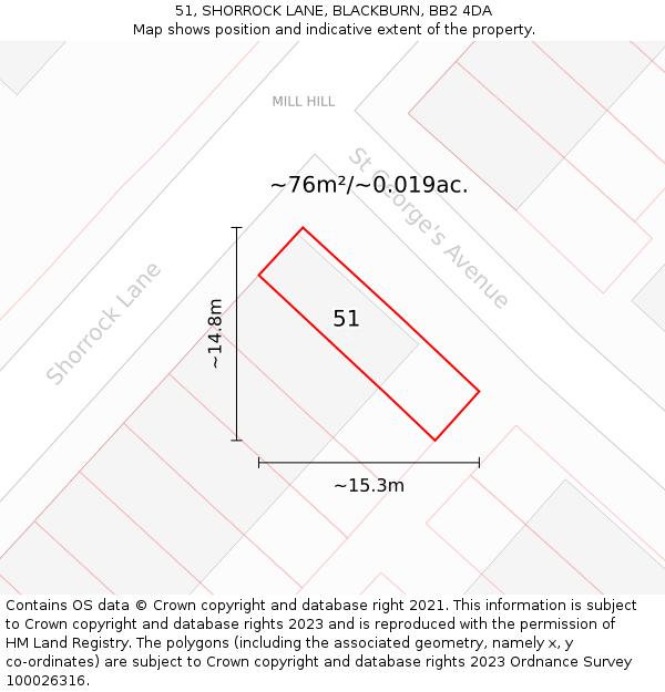 51, SHORROCK LANE, BLACKBURN, BB2 4DA: Plot and title map