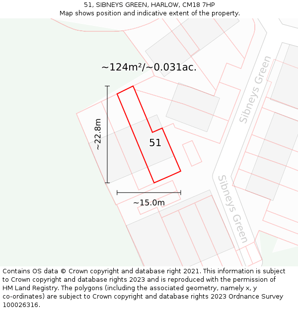 51, SIBNEYS GREEN, HARLOW, CM18 7HP: Plot and title map