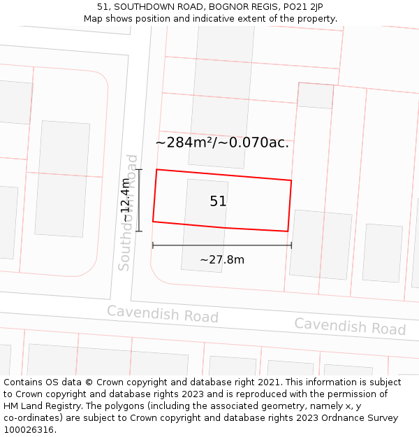51, SOUTHDOWN ROAD, BOGNOR REGIS, PO21 2JP: Plot and title map