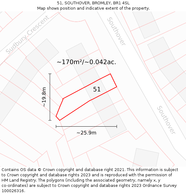 51, SOUTHOVER, BROMLEY, BR1 4SL: Plot and title map