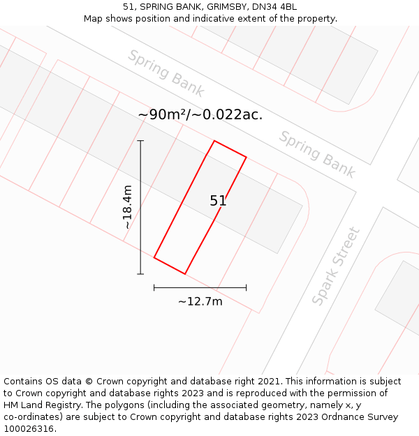 51, SPRING BANK, GRIMSBY, DN34 4BL: Plot and title map