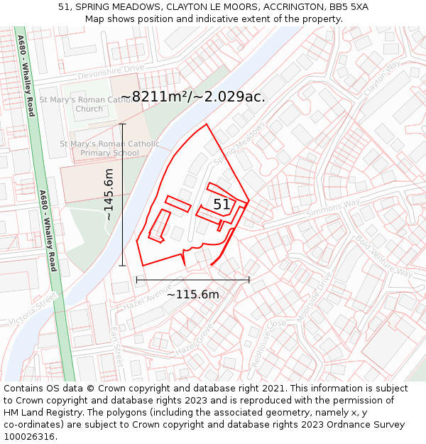 51, SPRING MEADOWS, CLAYTON LE MOORS, ACCRINGTON, BB5 5XA: Plot and title map