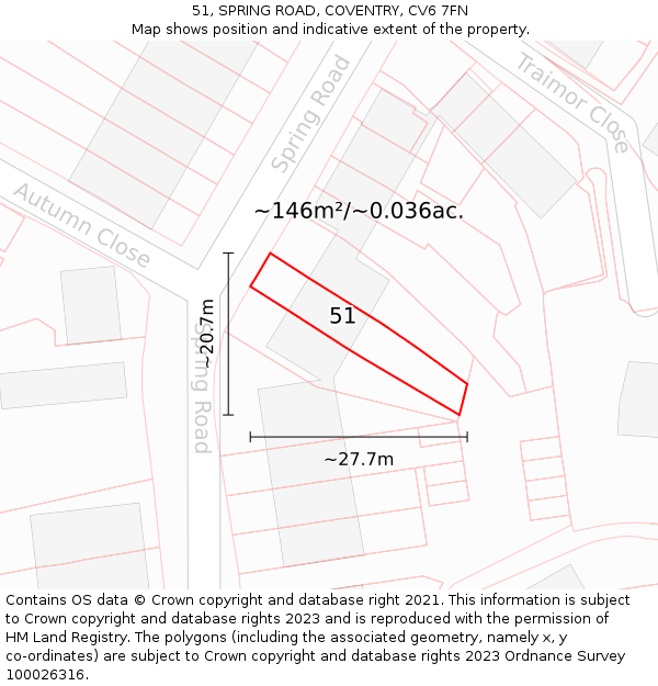 51, SPRING ROAD, COVENTRY, CV6 7FN: Plot and title map