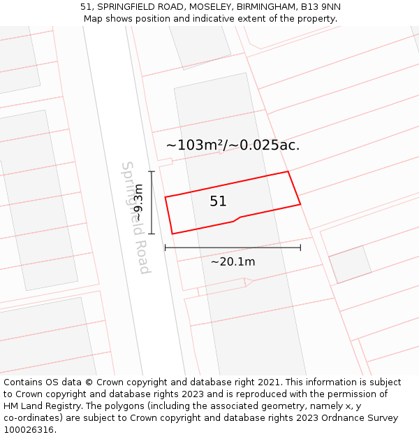 51, SPRINGFIELD ROAD, MOSELEY, BIRMINGHAM, B13 9NN: Plot and title map