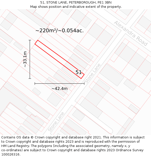 51, STONE LANE, PETERBOROUGH, PE1 3BN: Plot and title map