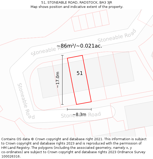 51, STONEABLE ROAD, RADSTOCK, BA3 3JR: Plot and title map