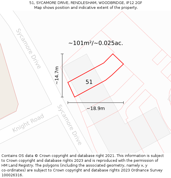 51, SYCAMORE DRIVE, RENDLESHAM, WOODBRIDGE, IP12 2GF: Plot and title map