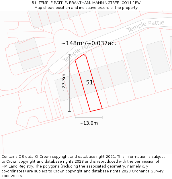 51, TEMPLE PATTLE, BRANTHAM, MANNINGTREE, CO11 1RW: Plot and title map
