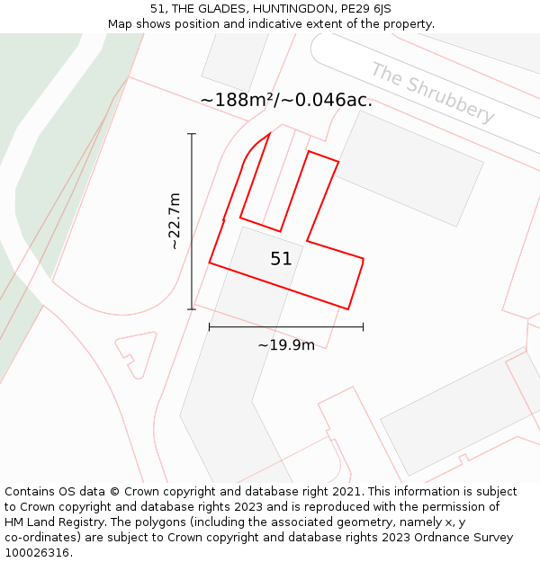 51, THE GLADES, HUNTINGDON, PE29 6JS: Plot and title map