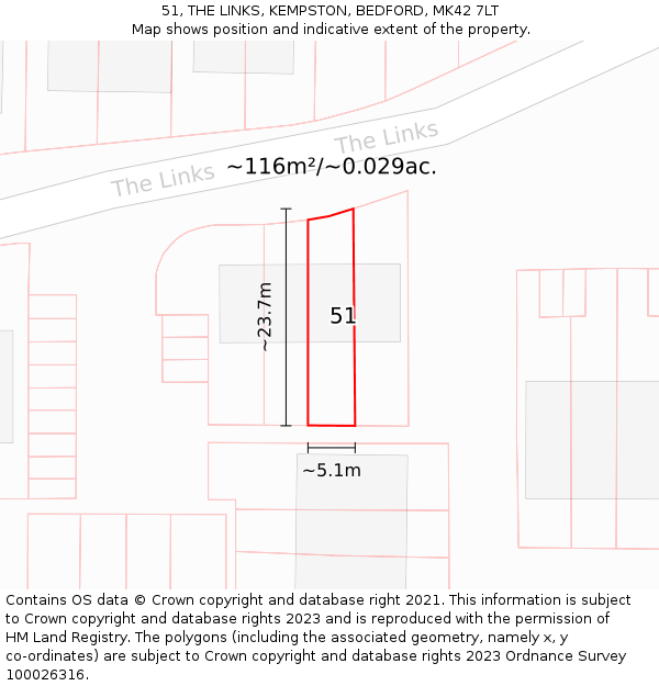 51, THE LINKS, KEMPSTON, BEDFORD, MK42 7LT: Plot and title map