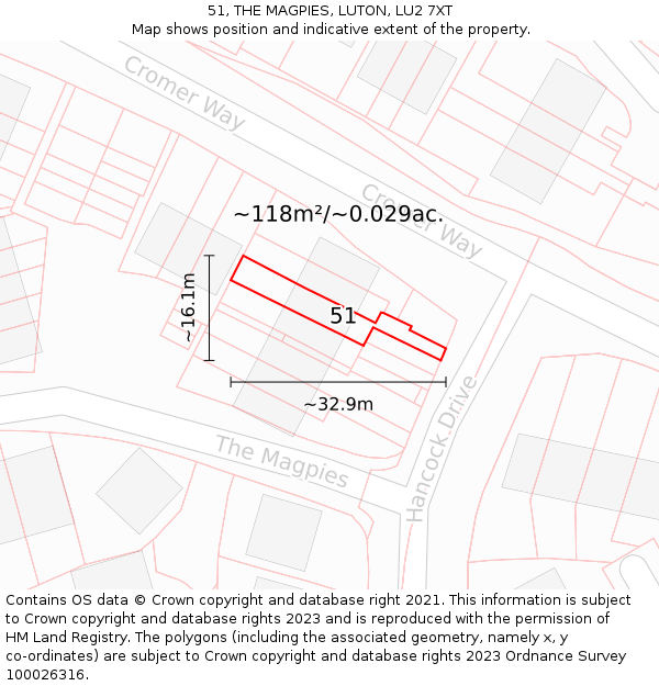 51, THE MAGPIES, LUTON, LU2 7XT: Plot and title map