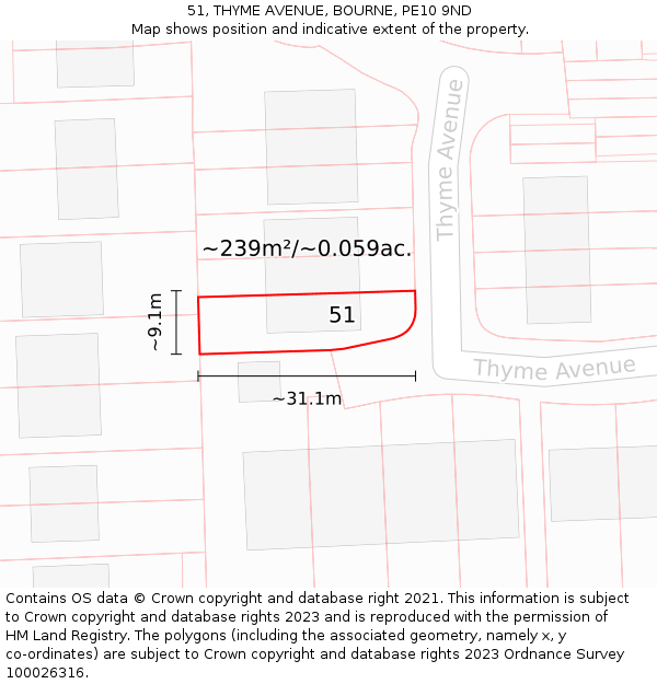 51, THYME AVENUE, BOURNE, PE10 9ND: Plot and title map