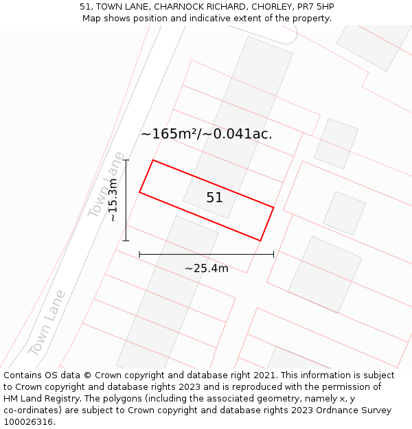 51, TOWN LANE, CHARNOCK RICHARD, CHORLEY, PR7 5HP: Plot and title map