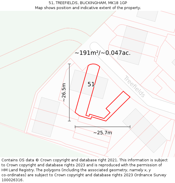 51, TREEFIELDS, BUCKINGHAM, MK18 1GP: Plot and title map