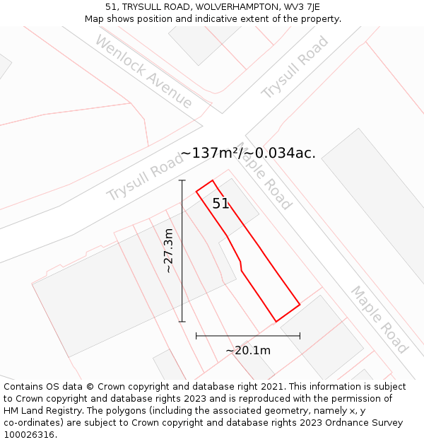 51, TRYSULL ROAD, WOLVERHAMPTON, WV3 7JE: Plot and title map