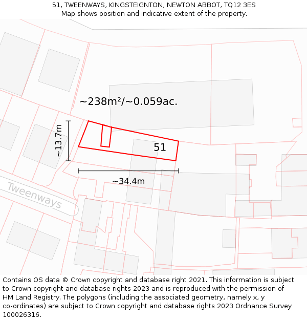 51, TWEENWAYS, KINGSTEIGNTON, NEWTON ABBOT, TQ12 3ES: Plot and title map