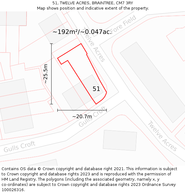 51, TWELVE ACRES, BRAINTREE, CM7 3RY: Plot and title map