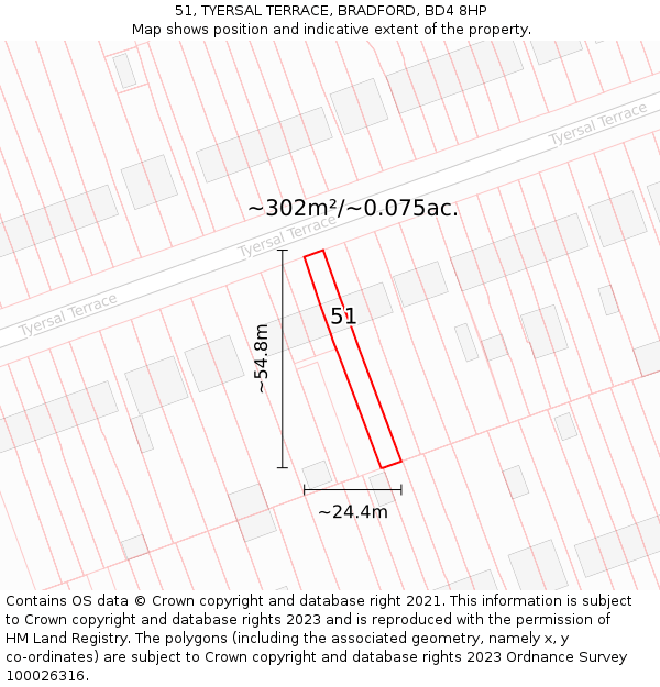 51, TYERSAL TERRACE, BRADFORD, BD4 8HP: Plot and title map