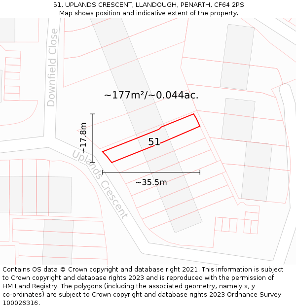 51, UPLANDS CRESCENT, LLANDOUGH, PENARTH, CF64 2PS: Plot and title map
