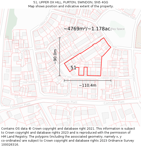51, UPPER OX HILL, PURTON, SWINDON, SN5 4GG: Plot and title map