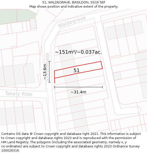 51, WALDEGRAVE, BASILDON, SS16 5EF: Plot and title map