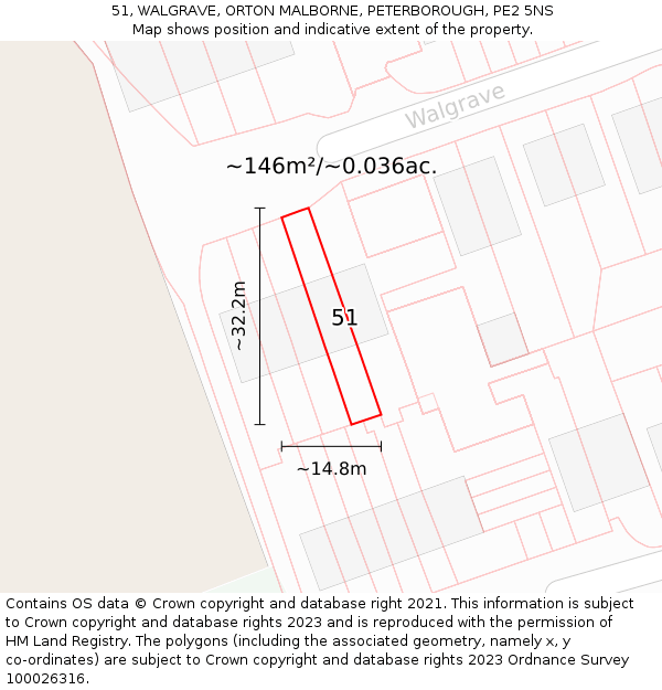 51, WALGRAVE, ORTON MALBORNE, PETERBOROUGH, PE2 5NS: Plot and title map