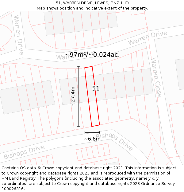 51, WARREN DRIVE, LEWES, BN7 1HD: Plot and title map