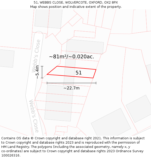 51, WEBBS CLOSE, WOLVERCOTE, OXFORD, OX2 8PX: Plot and title map
